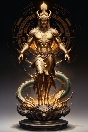 1 chinese full body God with dragon hyperdetailed black bronze sculpture, perfect face, cinematic pose, (masterful:1.3), in the ancient style of the best chinese art, detailed and intricate, golden line, complex background, golden intricately detailed background, black color,bg_imgs,dragon,DonM0ccul7Ru57