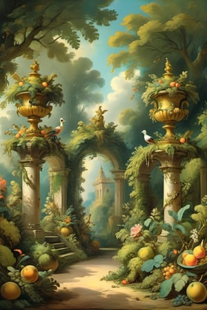 A mystical greenery garden, masterful whimsical topiary sculptures, baroque style vases, fruits, flowers, esotic birds, multiple fantastic spirals of branches and leaves, dreamy atmosphere, golden vibes, romantic landscape. Masterpiece, rococo style, painted by Jean-Honoré Fragonard