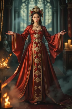 Full body shot of a character standing in majestic pose, representation of a very tall fantasy chinese empress with the most sumptuous wedding hanfu dress made of (red:1.4) silk and richly embroidered with gold and silver threads, (wide sleeves:1.2), intricately carved golden badges and tassels, golden line, dark gothic cathedral background, fire and flame and clouds of smoke. Art by Yoshitaka Amano, Zhong Fenghua, stunning interpretive visual, gothic regal, colorful, realistic eyes, dreamy magical atmosphere, (film grain), (warm hue, warm tone), cinematic light, side lightings, zhongfenghua, Midjourneyart 