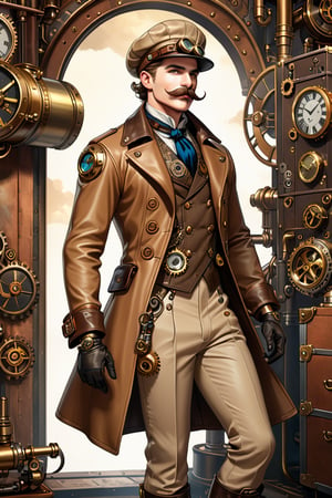 Industrial steampunk mechanic man, perfectly detailed face, moustache,  (cap:0.8), steampunk beige leather double-breasted jacket, beige tweed fabric puffed trousers, (leather laced boots:0.8), intricately detailed brass accessories. Masterpiece, illustration, extremely detailed, cinematic pose, industrial background