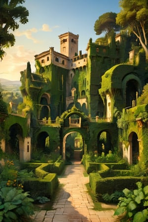 A surreal ancient garden with a medieval high hedge maze, many paths that intersect. A masterpiece painted by Claude Lorrain, highly detailed leaves, golden hour, romantic landscape, Architectural100,itacstl