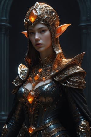 3D artwork, upper body shot represesenting a mighty female young caracter. High elven hat shaped as an orange seashell, mantle, shining gold jewels and silver chains. (Majestic pose:1.4), (hieratic expression:1.6), emerging from the darkness in the style of Rembrandt. The caracter wears a black and orange large luxury dress. The character is illuminated from the side by a dark golden light. Marine vibes. Vibrant colors. The background is a black gothic cathedral interior dimly lit by moonlight. UHD, high resolution, 8k.