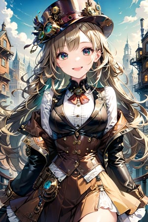 Very beautiful girl with a steampunk leather jacket, waistcoat and hat, intricately detailed brass accessories. Masterpiece, illustration, extremely detailed, beautiful detailed eyes, beautiful detailed mouth, warmly smile, bright colors, city on background 