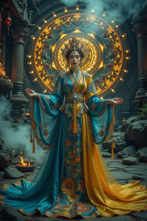 Full body shot, bottom view of a character standing in cinematic pose, slim body, representation of a (very tall:1.4) fantasy chinese goddess with the most sumptuous long wedding hanfu dress that completely covers the feet and is made of blue, and  yellow silk and richly (embroidered:1.2) with gold and silver threads, (wide sleeves:1.2), intricately carved golden (badges and tassels:1.2), golden crown, dark gothic temple background with a huge mandala (carved into the rock) on which magical luminous symbols burn. Fire and flame and clouds of smoke. Oil painted by Greg Rutkowski. Stunning interpretive visual, gothic regal, colorful, realistic eyes, dreamy magical atmosphere, cinematic light, side lightings, Midjourneyart, Midjourney_Whisper