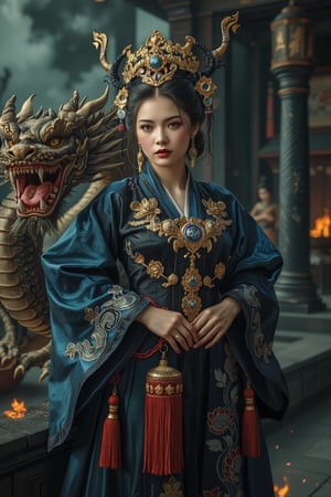 Portrait of a character representing a fantasy chinese goddess, celestial beautiful (manga:1.4) face. She wears the most sumptuous wedding hanfu dress made of blue, and  black silk and richly (embroidered:1.2) with gold and silver threads,  intricately carved golden (badges and tassels:1.2), golden crown, dark gothic temple background with a huge ultra high detailed (chinese dragon:1.4). (Fire and flames) and clouds of smoke. Oil painted by Rembrandt. Stunning interpretive visual, gothic regal, colorful, dreamy magical atmosphere, cinematic light, side lightings, Midjourneyart