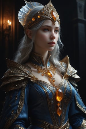 3D artwork, upper body shot represesenting a mighty female young caracter. High elven hat shaped as a white seashell, mantle, shining amber gold jewels and silver chains. (Majestic pose:1.4), (hieratic expression:1.6), emerging from the darkness in the style of Rembrandt. The caracter wears a blue large luxury dress. The character is illuminated from the side by a dark golden light. Marine vibes. Vibrant colors. The background is a black gothic cathedral interior dimly lit by moonlight. UHD, high resolution, 8k.