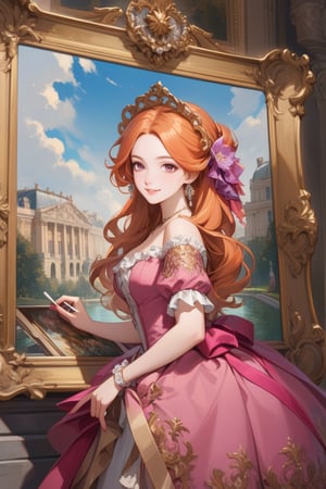 Very beautiful girl wearing a sumptuous fuchsia and pale orange dress, illustration, detailed, beautiful detailed eyes, beautiful detailed, orange hair, warmly smile, she is showing a painting of hers, Versailles background. Rococo oil paint