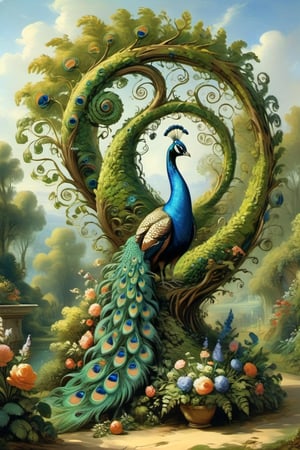 A mystical greenery garden, masterful whimsical topiary sculptures, flowers, a majestic awesome peacock at the center of thescene. (Multiple fantastic spirals of branches and leaves:1.9), dreamy atmosphere, golden vibes, romantic landscape. Masterpiece, rococo style, painted by Jean-Honoré Fragonard and Michael Cheval