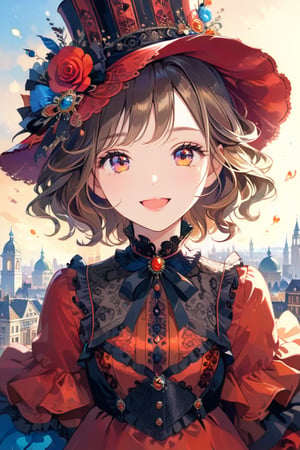 Very beautiful girl with a very ornated victorian bright red dress, sumptuous hat, masterpiece, illustration, extremely detailed, beautiful detailed eyes, beautiful detailed mouth, warmly smile, (bright colors:1.4), city on background 