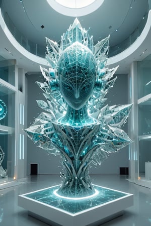 Front view of a museal sculpture displayed on a pedestal in the white room inside a futuristic museum. BREAK The artwork is (an amazing and captivating abstract sculpture:1.4), (trendwhore style:1.4),  architectural elements, deconstructivism, shattered reality, glow, spark, (2004 aesthetics:1.2),(beautiful vector shapes:1.3), pale aquamarine theme. Abstract fractal shape, gradient background, sharp details. Highest quality, detailed and intricate, original artwork, trendy, vector art, vintage, award-winning, artint, LW. BREAK wide shot, sharp focus, bright white room,noc-wfhlgr