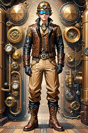 Very skilled industrial mechanic boy, with a steampunk leather double-breasted jacket, leather helmet and goggles, beige tweed puffed trousers, leather laced boots, intricately detailed brass accessories. Masterpiece, illustration, extremely detailed, industrial deep background 