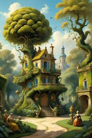 A mystical greenery garden with a treehouse in the center, masterful whimsical topiary sculptures, baroque style vases, flowers, esotic birds, (multiple fantastic spirals of branches and leaves:1.9), dreamy atmosphere, golden vibes, romantic landscape. Masterpiece, rococo style, painted by Jean-Honoré Fragonard and Michael Cheval