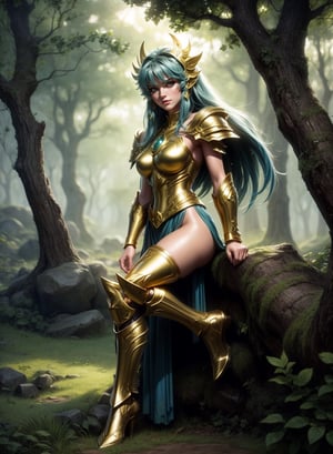 A saint seiya golden armored girl by Luis Royo, greenery forest background