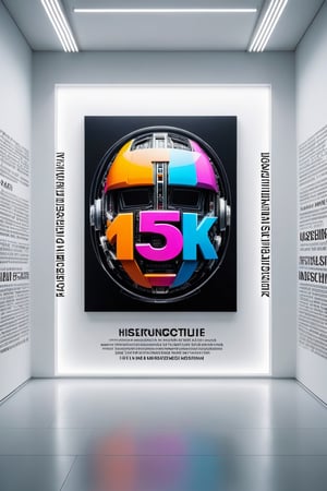 Front view of a futuristic museal artwork with the text "15K", displayed on the white wall inside a futuristic museum. Bright colors, surrealist, close shot. ,dvr-txt
