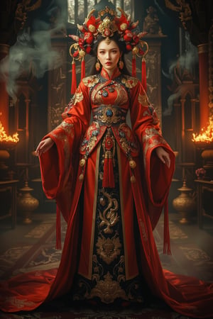 Full body shot of a character standing in majestic pose, representation of a very tall fantasy chinese empress with the most sumptuous wedding hanfu dress made of (red:1.4) silk and richly embroidered with gold and silver threads, (wide sleeves:1.2), intricately carved golden badges and tassels, golden line, dark gothic cathedral background, fire and flame and clouds of smoke. Art by Yoshitaka Amano, Zhong Fenghua, stunning interpretive visual, gothic regal, colorful, realistic eyes, dreamy magical atmosphere, (film grain), (warm hue, warm tone), cinematic light, side lightings, Midjourneyart, zhongfenghuaStyle, Midjourney_Whisper