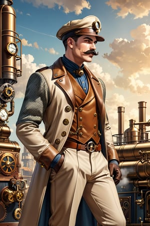 Industrial steampunk mechanic man, face marked by experience, moustache,  (cap:0.8), steampunk beige leather double-breasted jacket, beige tweed fabric puffed trousers, intricately detailed brass accessories. Masterpiece, illustration, extremely detailed, cinematic pose, industrial background