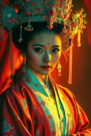 Dappled Light, photo portrait of a character, intricate pencil sketch mugshot of a chinese empress with the most sumptuous wedding hanfu dress:: Tom Bagshaw, Zdzislaw Beksinski, Yoshitaka Amano, Raffaello Ossola, Martin Wittfooth, Luigi Spano, Vladimir Kush :: stunning interpretive visual,, colorful, realistic eyes, dreamy magical atmosphere, (film grain), (warm hue, warm tone),  cinematic light, side lighting,