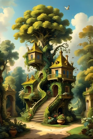 A mystical greenery garden with a treehouse in the center, masterful whimsical topiary sculptures, baroque style vases, flowers, esotic birds, (multiple fantastic spirals of branches and leaves:1.9), dreamy atmosphere, golden vibes, romantic landscape. Masterpiece, rococo style, painted by Jean-Honoré Fragonard and Jan Bruegel