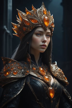 3D artwork, upper body shot represesenting a mighty female young caracter. High elven hat shaped as an orange seashell, mantle, shining gold jewels and silver chains. (Majestic pose:1.4), (hieratic expression:1.6), emerging from the darkness in the style of Rembrandt. The caracter wears a black and orange large luxury dress. The character is illuminated from the side by a dark golden light. Marine vibes. Vibrant colors. The background is a black gothic cathedral interior dimly lit by moonlight. UHD, high resolution, 8k.