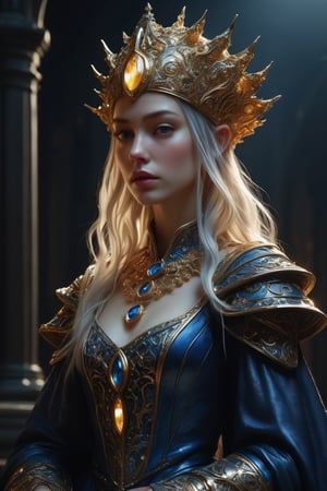 3D artwork, upper body shot represesenting a mighty female young caracter. High elven hat shaped as a white seashell, mantle, shining gold jewels and silver chains. (Majestic pose:1.4), (hieratic expression:1.6), emerging from the darkness in the style of Rembrandt. The caracter wears a blue large luxury dress. The character is illuminated from the side by a dark golden light. Marine vibes. Vibrant colors. The background is a black gothic cathedral interior dimly lit by moonlight. UHD, high resolution, 8k.