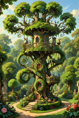 A mystical greenery garden with a treehouse in the center, masterful whimsical topiary sculptures, baroque style vases, flowers, esotic birds, (multiple fantastic spirals of branches and leaves:1.9), dreamy atmosphere, golden vibes, romantic landscape. Masterpiece, rococo style, painted by Francois Boucher and Jean-Honoré Fragonard