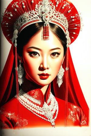 Dappled Light, photo portrait of a character, intricate (pencil sketch:1.5) of a vietnamese queen with the most sumptuous red wedding dress. Zdzislaw Beksinski, Yoshitaka Amano, Vladimir Kush stunning interpretive visual, colorful, realistic eyes, dreamy magical atmosphere, cinematic light, side lighting