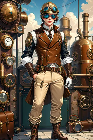 Industrial steampunk mechanic boy, perfectly detailed face, steampunk beige leather double-breasted jacket, leather helmet and goggles, beige tweed fabric puffed trousers, leather laced boots, intricately detailed brass accessories. Masterpiece, illustration, extremely detailed, industrial background