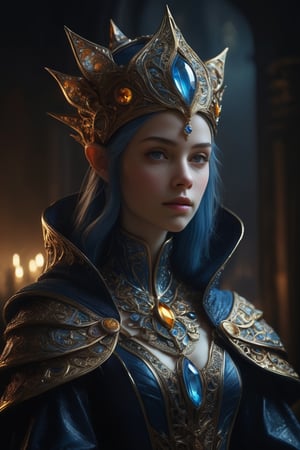 3D artwork, upper body shot represesenting a mighty female young caracter. High elven hat shaped as a white seashell, mantle, shining amber gold jewels. (Majestic pose:1.4), (hieratic expression:1.6), emerging from the darkness in the style of Rembrandt. The caracter wears a blue large luxury dress. The character is illuminated from the side by a dark golden light. Marine vibes. Vibrant colors. The background is a black gothic cathedral interior dimly lit by moonlight. UHD, high resolution, 8k.