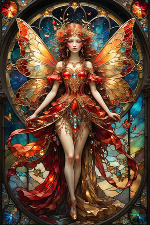 Full body red and gold dressed fairy, magical fantasy art is done in oil paint and liquid chrome, liquid rainbow, best quality, golden line, fairytale, patchwork, (stained glass:1.2), storybook detailed illustration, cinematic, ultra highly detailed, tiny details, beautiful details, mystical, luminism, vibrant colors, complex background, resolution hyperdetailed intricate liminal eerie precisionism, intricate background, (dark luminescent:1.2) art by Alphonse Mucha, Kinuko Y Craft, Esao Andrews, crystalz