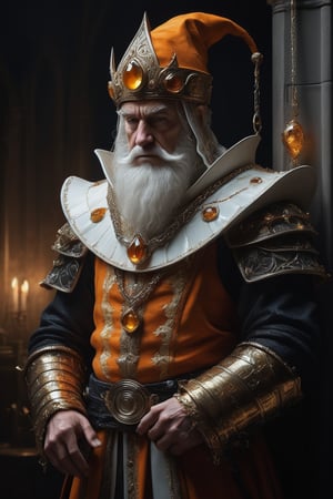 3D artwork, upper body shot of a caracter represesenting an harlequin mighty man. High elven hat shaped as a white seashell, orange mantle, shining gold jewels and silver chains. (Majestic pose:1.4), (hieratic expression:1.6), emerging from the darkness in the style of Rembrandt. The caracter wears an orange large luxury suit. The character is illuminated from the side by a dark golden light. Vibrant colors. The background is a black gothic cathedral interior dimly lit by moonlight. UHD, high resolution, 8k.