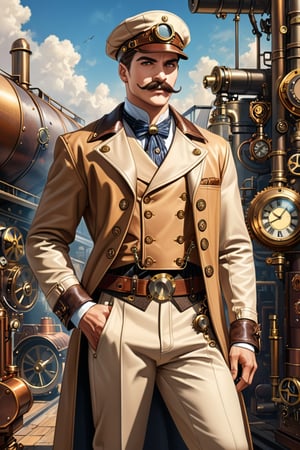 Industrial steampunk mechanic man, face marked by experience, moustache, cap, steampunk beige leather double-breasted jacket, beige tweed fabric puffed trousers, intricately detailed brass accessories. Masterpiece, illustration, extremely detailed, cinematic pose, industrial background