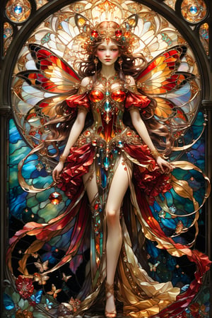 Full body red and gold dressed fairy, magical fantasy art is done in oil paint and liquid chrome, liquid rainbow, best quality, golden line, fairytale, patchwork, (stained glass:1.2), storybook detailed illustration, cinematic, ultra highly detailed, tiny details, beautiful details, mystical, luminism, vibrant colors, complex background, resolution hyperdetailed intricate liminal eerie precisionism, intricate background, (dark luminescent:1.2) art by Alphonse Mucha, Kinuko Y Craft, crystalz