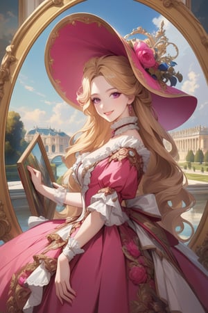 Very beautiful girl wearing a sumptuous fuchsia and pale orange dress, wide brimmed hat, illustration, detailed, beautiful detailed eyes, beautiful detailed face, blonde hair, warmly smile, she is showing a painting of hers, Versailles background. Rococo oil paint