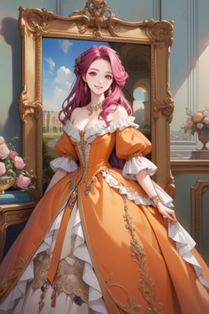 Very beautiful girl wearing a sumptuous fuchsia and pale orange dress, illustration, detailed, beautiful detailed eyes, beautiful detailed, orange hair, warmly smile, she is showing a painting of hers, Versailles background. Rococo oil paint