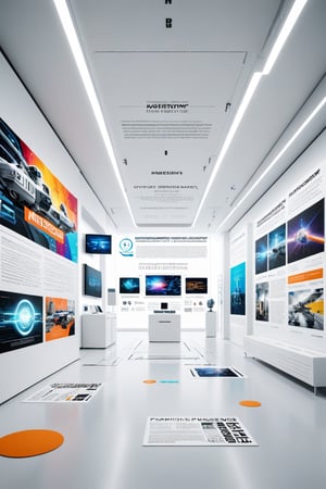 Wide view of a futuristic museal room with some artworks representing graphics and concept maps with text displayed on the white walls. Futuristic museum. Bright colors, close shot. ,dvr-txt,artint,real_booster