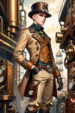 Industrial steampunk mechanic boy, perfectly detailed face, hat, steampunk beige leather double-breasted jacket, beige tweed fabric puffed trousers, leather laced boots, intricately detailed brass accessories. Masterpiece, illustration, extremely detailed, industrial background