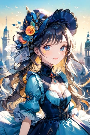 Very beautiful girl with a very ornated victorian bright blue dress, sumptuous hat, masterpiece, illustration, extremely detailed, beautiful detailed eyes, beautiful detailed mouth, warmly smile, (bright colors:1.4), city on background 
