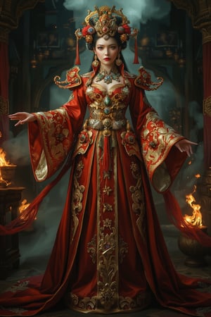 Full body shot of a character standing in majestic pose, representation of a very tall fantasy chinese empress with the most sumptuous wedding hanfu dress made of (red:1.4) silk and richly embroidered with gold and silver threads, (wide sleeves:1.2), intricately carved golden badges and tassels, golden line, dark gothic cathedral background, fire and flame and clouds of smoke. Art by Yoshitaka Amano, Zhong Fenghua, stunning interpretive visual, gothic regal, colorful, realistic eyes, dreamy magical atmosphere, (film grain), (warm hue, warm tone), cinematic light, side lightings, Midjourneyart, zhongfenghuaStyle, Midjourney_Whisper