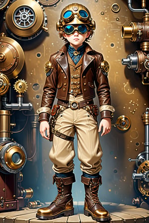 Very skilled industrial mechanic boy, with a steampunk leather double-breasted jacket, leather helmet and goggles, beige tweed puffed trousers, leather laced boots, intricately detailed brass accessories. Masterpiece, illustration, extremely detailed, industrial deep background, extreme image sharpness
