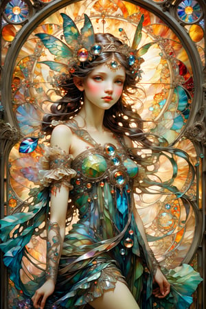 Full body fairy with perfect manga face, magical fantasy art is done in oil paint and liquid chrome, liquid rainbow, best quality, art on a cracked paper, fairytale, patchwork, (stained glass:1.2), storybook detailed illustration, cinematic, ultra highly detailed, tiny details, beautiful details, mystical, luminism, vibrant colors, complex background, resolution hyperdetailed intricate liminal eerie precisionism, intricate background, (dark luminescent:1.2) art by Alphonse Mucha, Kinuko Y Craft, Arthur Rackham, Jean Baptiste Monge,crystalz