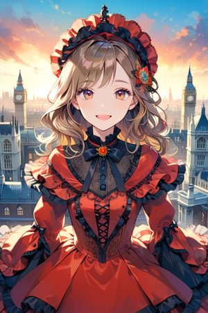 Very beautiful girl with a very ornated victorian red dress, masterpiece, illustration, extremely detailed, beautiful detailed eyes, beautiful detailed mouth, warmly smile, (bright colors:1.4), city of London on background 