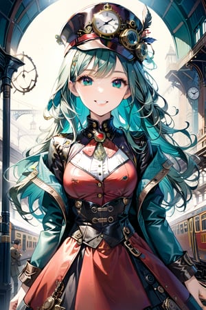 Very beautiful girl with a steampunk teal leather jacket, red waistcoat and hat, intricately detailed brass accessories. Masterpiece, illustration, extremely detailed, beautiful detailed eyes, beautiful detailed mouth, warmly smile, bright colors, dark light, railway station on background 