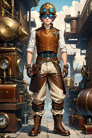 Very skilled industrial mechanic boy, with a steampunk leather double-breasted jacket, leather helmet and goggles, beige tweed fabric puffed trousers, leather laced boots, intricately detailed brass accessories. Masterpiece, illustration, extremely detailed, industrial background