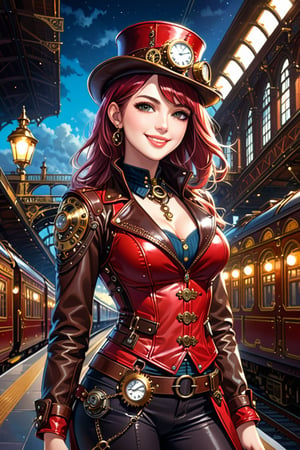 Very beautiful girl with a steampunk leather jacket, red waistcoat and hat, intricately detailed brass accessories. Masterpiece, illustration, extremely detailed, warmly smile, bright colors, dark light, railway station on background 