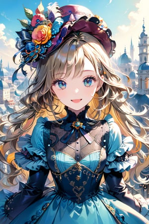 Very beautiful girl with a very ornated victorian bright blue dress, sumptuous hat, masterpiece, illustration, extremely detailed, beautiful detailed eyes, beautiful detailed mouth, warmly smile, (bright colors:1.4), city on background 