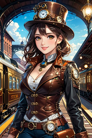 Very beautiful girl, dark eyes and hair, with a steampunk leather jacket, waistcoat and hat, intricately detailed brass accessories. Masterpiece, illustration, extremely detailed, warmly smile, bright colors, dark light, railway station on background 