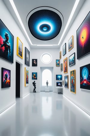 Wide view of a futuristic museal room with some artworks displayed on the white walls. Futuristic museum. Bright colors, surrealist, close shot. ,dvr-txt