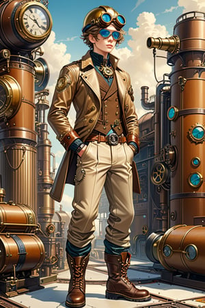 Industrial mechanic boy, with a steampunk beige leather double-breasted jacket, leather helmet and goggles, beige tweed fabric puffed trousers, leather laced boots, intricately detailed brass accessories. Masterpiece, illustration, extremely detailed, industrial background