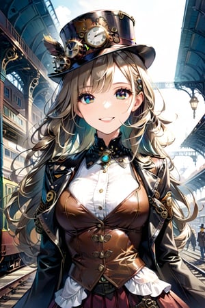 Very beautiful girl with a steampunk leather jacket, waistcoat and hat, intricately detailed brass accessories. Masterpiece, illustration, extremely detailed, beautiful detailed eyes, beautiful detailed mouth, warmly smile, bright colors, railway station on background 