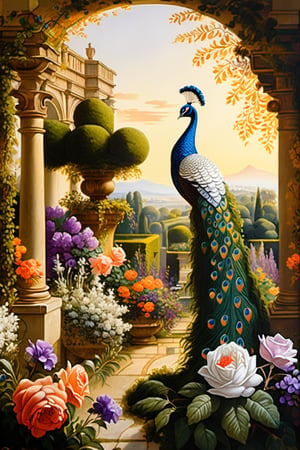 An ultra higly detailed ancient greenery garden with sumptuous masterpieces of topiary art. A masterpiece painted by Claude Lorrain, highly detailed leaves, purple flowers, red and orange roses and a (white peacock:1.4) at the center of the scene. Golden hour, romantic landscape,  Architectural100, on parchment